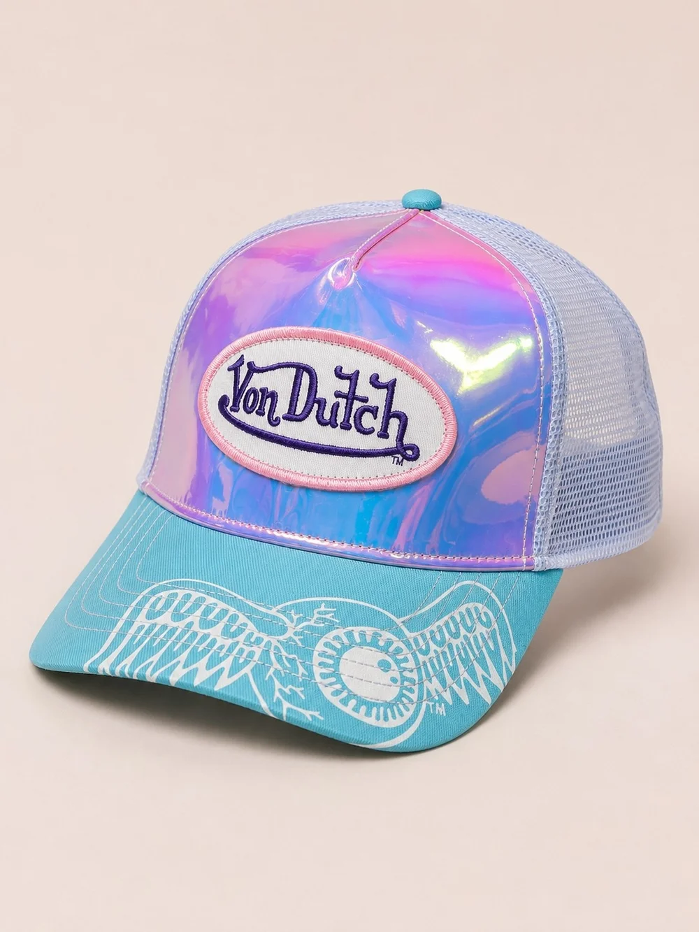 🆕️NWT Von Dutch Holographic Trucker Hat Blue Pink Mesh Snapback Y2K Rare